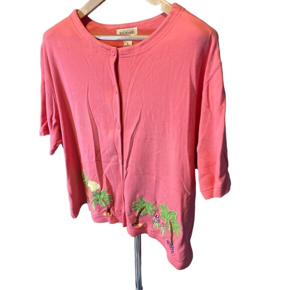 Bechamel Pink Embroidered Tropical Button Short Sleeved Knit Cardigan Top Sz XL - Picture 3 of 9
